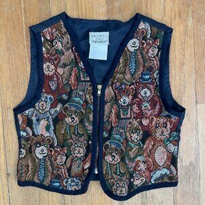 Vintage Girls Vest Teddy Bear Faces Vest Tapestry Front 1980s Zips Size 6X 1990s